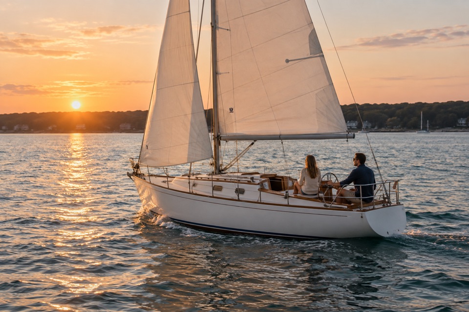 Illustrative sunset sail on quiet coastal water